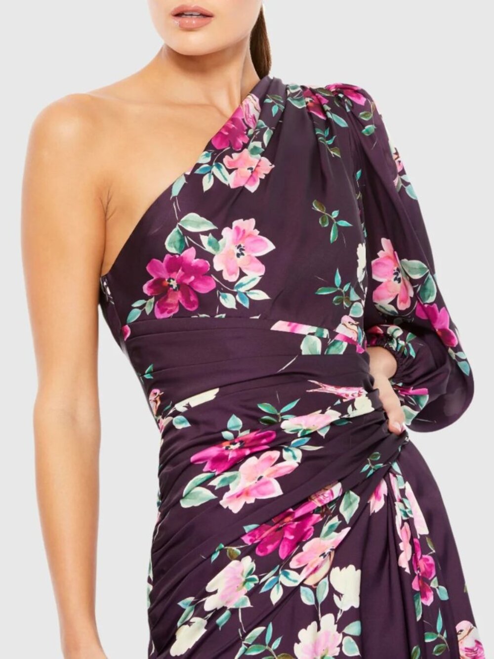 One-Shoulder Floral Dress in Deep Purple with Pink Blooms